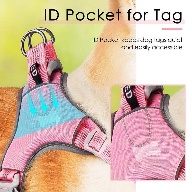 ThinkPet No-Pull Harness, Escape Proof Step-in Reflective Dog Vest Adjustable Breathable Halter Harness with Back/Front Clip for Better Control - color: Pink, size: Large