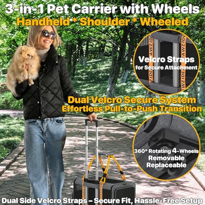 PAWZIDEA Expandable Pet Carrier with Wheels, 18"x11"x11" TSA Airline Approved Cat Carrier for 2 Cats Under Seat, Collapsible Soft-Sided Small Dog Rolling Travel Bag with Telescopic Handle, Up to 18lbs - color: Mid-Hemp Gray-Wheels