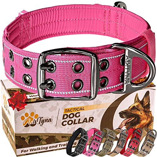 ADITYNA Heavy Duty Dog Collar for Medium Dogs - Reflective Pink Girl Collar with Handle for Training, and Walking - Wide, Thick, Tactical, Soft Neoprene Padded - color: Pink, size: Medium: Fit 15-19" Neck