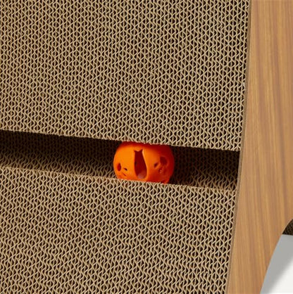 Amazon Basics Cat Scratcher Post Cat Scratcher Lounge Bed for Indoor Cats Bed Shaped Post Pad with Interactive Ball Toy & Catnip, FSC-Certified, 34.3 x 11.8 x 11.8 in, Wooden Color