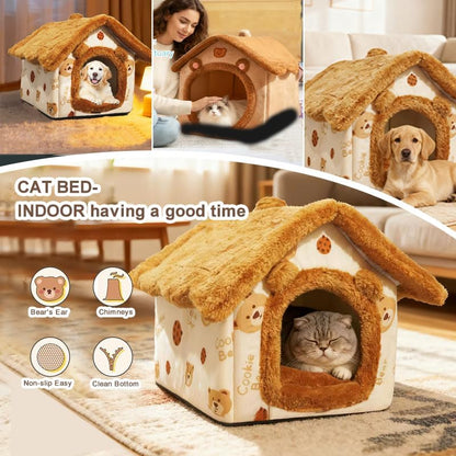 Warm Bear Cave Cat Bed, Enclosed Plush House with Removable Washable Cushion (Multiple Sizes), Cozy Indoor Pet Shelter for Cats, Kittens, Dog & Animals (S) - size: S