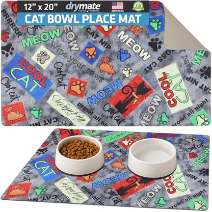 Drymate Cat Bowl Placemat, Pet Food Feeding Mat - Absorbent Fabric, Waterproof Backing, Slip-Resistant - Machine Washable/Durable (USA Made) (12” x 20”) (Cool Cat Grey) - color: Cool Cat Grey, size: Small (12" x 20")