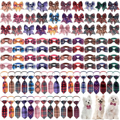 Reginary 100 Pieces Dog Bow Tie Collar Set Include 40 Dog Neckties, and 30 Puppy Bowties, 30 Collar Flowers, Adjustable Pet Ties Grooming for Small Medium Cats Pets Supply(Plaid) - style: Plaid