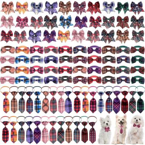 Reginary 100 Pieces Dog Bow Tie Collar Set Include 40 Dog Neckties, and 30 Puppy Bowties, 30 Collar Flowers, Adjustable Pet Ties Grooming for Small Medium Cats Pets Supply(Plaid) - style: Plaid