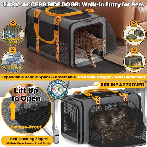 PAWZIDEA Expandable Pet Carrier with Wheels, 18"x11"x11" TSA Airline Approved Cat Carrier for 2 Cats Under Seat, Collapsible Soft-Sided Small Dog Rolling Travel Bag with Telescopic Handle, Up to 18lbs - color: Mid-Hemp Gray-Wheels