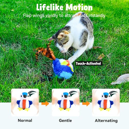 Cat Toys Flapping Bird, Catnip Toys for Indoor Cats Interactive Automatic Kitten Toy Kicker - Baby Plush/Feather/Crinkle, Rechargeable 4 Sounds/Off, Timed & Touch Activated, Clip & Hanging Rope
