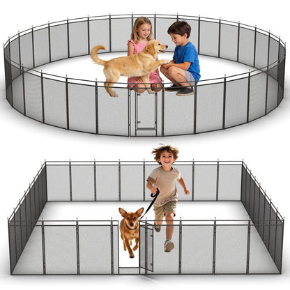 Dog Playpen with Safety Mesh, 32" Height 32 Panels Metal Dog Fence Indoor Outdoor, Portable Dog Kennel for Camping, Yard & RV | Black-Silver - size: 32'', style: 32 Panels