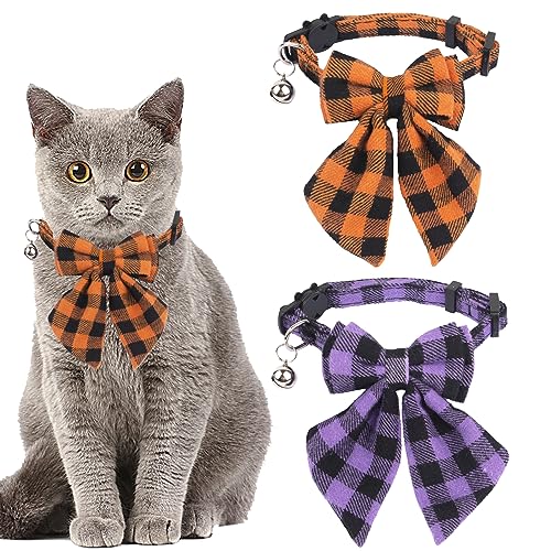 ADOGGYGO Halloween Cat Collars with Removable Bow Bell, 2 Pack Orange Purple Plaid Halloween Bowtie Collar for Cats Kittens - color: Orange&Purple-2
