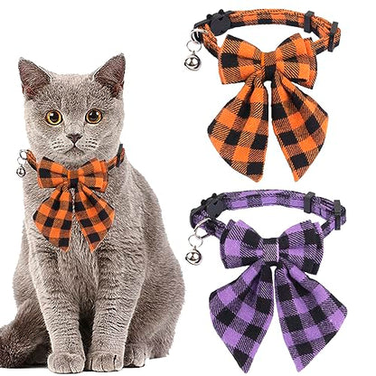 ADOGGYGO Halloween Cat Collars with Removable Bow Bell, 2 Pack Orange Purple Plaid Halloween Bowtie Collar for Cats Kittens - color: Orange&Purple-2