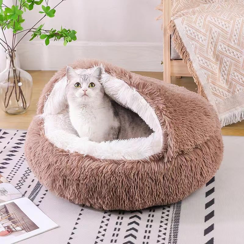 Cat Bed Round Fluffy Hooded Cat Bed Cave, Anti-Anxiety Cave Bed with Hooded Blanket, Cozy Cuddler Luxury Puppy Pet Bed, Anti-Slip Bottom and Machine Washable (Brown, Large) - color: Brown, size: Large