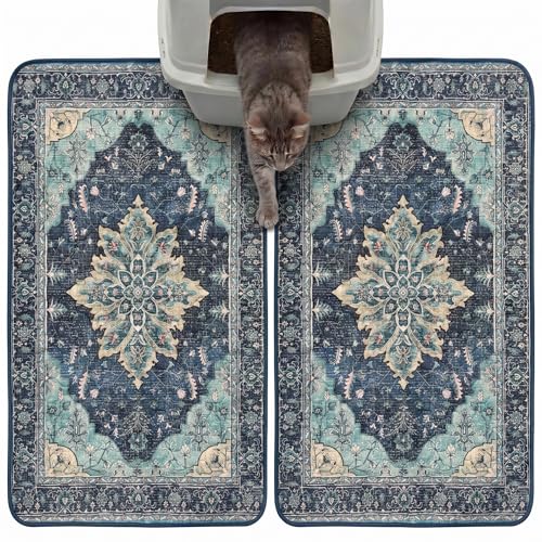 Hompet Cat Litter Mat 2 Pack, 18x28 Machine Washable Trapping Mats for Cats, Super Absorbent & Urine-Proof Cat Litter Box Mat for Floor, Waterproof & Non Slip Kitty Litter Rug - color: Teal Sunflower, size: 18x28 Inch (Pack of 2)