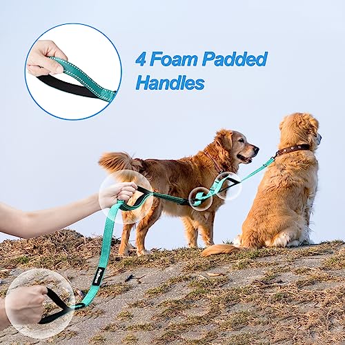 Double Dog Leash, No Tangle Dual Leash, Reflective Walking Training Lead, 4 Comfortable Padded Handles for 2 Dogs with Collapsible Bowl and Waste Bags (Turquoise, Large) - color: Turquoise