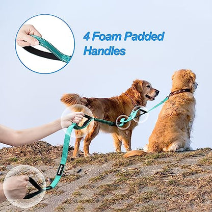 Double Dog Leash, No Tangle Dual Leash, Reflective Walking Training Lead, 4 Comfortable Padded Handles for 2 Dogs with Collapsible Bowl and Waste Bags (Turquoise, Large) - color: Turquoise