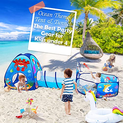SISTICKER 3pc Kids Play Tent: with Baby Ball Pit and Crawl Tunnel - Toddler Pop Up Climbing Toys - Indoor Outdoor Playhouse - Gift for Year Old Boys Girls (Balls NOT Included) - style: Ocean