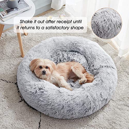 WESTERN HOME WH Calming Dog Bed & Cat Bed, Anti-Anxiety Donut Dog Cuddler Bed, Warming Cozy Soft Dog Round Bed, Fluffy Faux Fur Plush Dog Cat Cushion Bed for Small Medium Dogs and Cats - color: Light Grey, size: 24.0"L x 24.0"W x 7.0"Th
