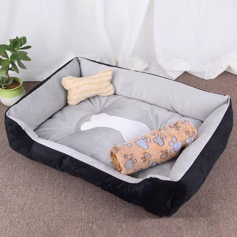 Plush Pet Bed, Soft Cushioned Dog Sofa with Bolster Pillows Breed Dogs Cotton Fill Side Bolster Washable (Black and Gray, Large) - color: black and gray, size: Large