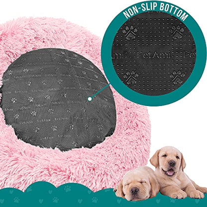 PetAmi Calming Dog Bed for Small & Medium Dogs and Cats, 30 Round Donut Dog Bed, Washable Fluffy Faux Fur Puppy & Cat Bed, Anti-Anxiety Plush Cuddler Pet Bed with Anti-Slip Bottom - Pink - color: Pink, size: Medium - 30"
