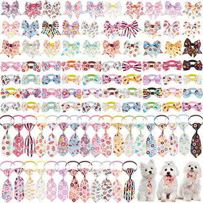 Reginary 100 Pieces Dog Bow Tie Collar Set Include 40 Dog Neckties, and 30 Puppy Bowties, 30 Collar Flowers, Adjustable Pet Ties Grooming for Small Medium Cats Pets Supply(Donut) - style: Donut
