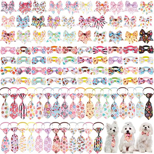 Reginary 100 Pieces Dog Bow Tie Collar Set Include 40 Dog Neckties, and 30 Puppy Bowties, 30 Collar Flowers, Adjustable Pet Ties Grooming for Small Medium Cats Pets Supply(Donut) - style: Donut