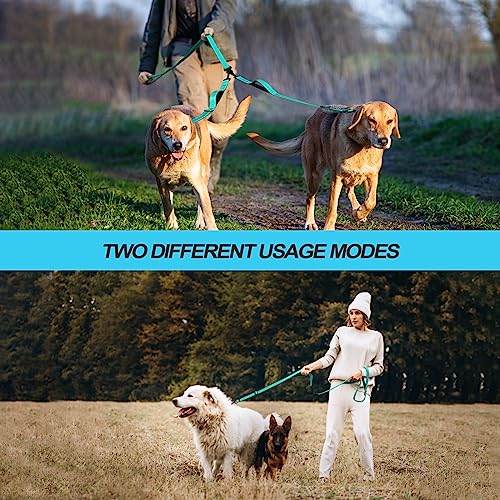 Double Dog Leash, No Tangle Dual Leash, Reflective Walking Training Lead, 4 Comfortable Padded Handles for 2 Dogs with Collapsible Bowl and Waste Bags (Turquoise, Large) - color: Turquoise