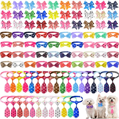 Reginary 100 Pieces Dog Bow Tie Collar Set Include 40 Dog Neckties, and 30 Puppy Bowties, 30 Collar Flowers, Adjustable Pet Ties Grooming for Small Medium Cats Pets Supply(Dot) - style: Dot