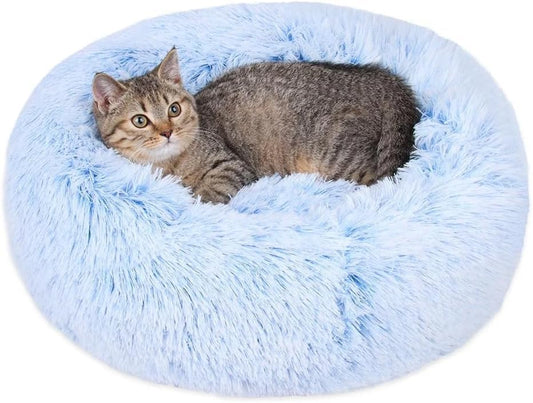 Cat Beds for Indoor Cats - Cat Bed Washable 24 inches, Dog Beds for Small Medium Dogs, Anti Anxiety Round Fluffy Plush Faux Fur Cat Bed, Thick Bottom (Cornflower Blue, Large 24" L x 24" W) - color: Cornflower Blue, size: Large 24"L x 24"W