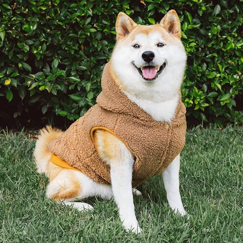 Tuff Pupper Fleece Dog Hoodie Sweater | Teddy Sherpa Outer & Soft Polar Fleece Lining | Adjustable Fit Winter Coat with Hood, Leash Hole, Ribbed Cuffs | for Small Medium Large XL XXL Dogs (Brown, M) - color: Brown, size: 25-40 lbs (Medium)
