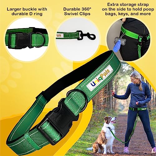 Hands-Free Leash for Small to Large Dogs 5ft - Heavy Duty Adjustable Waist Belt, Padded Handles, Reflective Stitching, Satin Carry Bag for Walking, Running, Hiking - color: Green