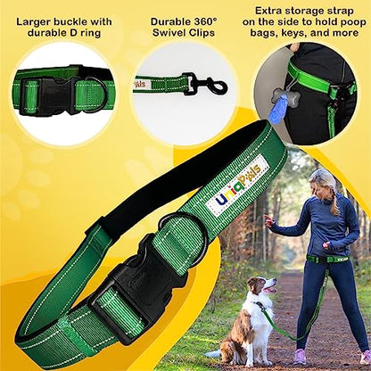 Hands-Free Leash for Small to Large Dogs 5ft - Heavy Duty Adjustable Waist Belt, Padded Handles, Reflective Stitching, Satin Carry Bag for Walking, Running, Hiking - color: Green