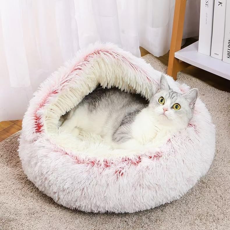 Cat Bed Round Fluffy Hooded Cat Bed Cave, Anti-Anxiety Cave Bed with Hooded Blanket, Cozy Cuddler Luxury Puppy Pet Bed, Anti-Slip Bottom and Machine Washable (Pink, Medium) - color: Pink, size: Medium