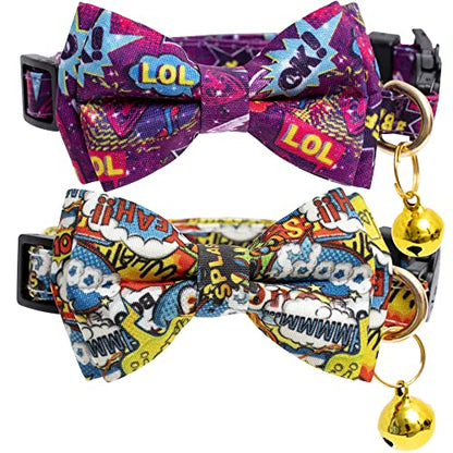 Faygarsle 2 Pack Cotton Designer Breakaway Cats Collar with Bow Tie and Bell Graffiti Style Cat Collars for Girl Female Boy Male Cat Collar with Bell Collars for Cats Purple Yellow - color: Purple&Yellow
