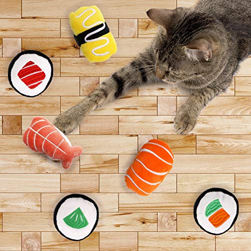 CiyvoLyeen 6 Pack Sushi Cat Toys with Catnip Sushi Roll Pillow Kitten Chew Bite Supplies Boredom Relief Fluffy Kitty Teeth Cleaning Chewing Cat Lovers Interactive Plush - color: Sushi - 6Pcs