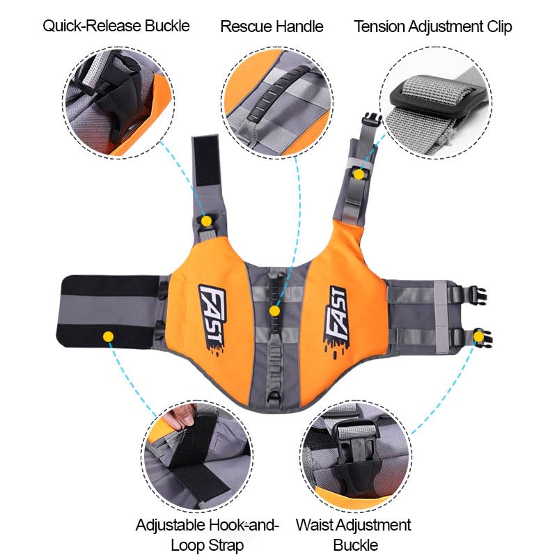 Dog Life Jacket, High Buoyancy Dog Life & Flotation Vest for Swimming and Boating, with Rescue Handle & Adjustable Straps, Gear for Medium Dogs and Pets, Orange