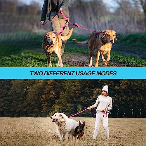 Double Dog Leash, No Tangle Dual Leash, Reflective Walking Training Lead, 4 Comfortable Padded Handles for 2 Dogs with Collapsible Bowl and Waste Bags (Pink, Large) - color: Pink