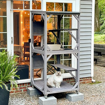 Aivituvin Cat Catio Outdoor Cat House Movable Large Enclosures on Exercise Wheels Kitty Cage with Upgraded Resting Box,Waterproof Cover