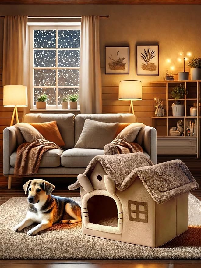 Luxury Foldable Rabbit-Ear Cat House & Dog Bed – Indoor Double Roof Condo with 30D Memory Foam, Removable Washable Cushion, Non-Slip Base, Cozy Pet Tent for Small Dogs & Cats, Gray (Large) - size: Large