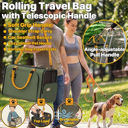 PAWZIDEA Expandable Large Pet Carrier with Wheels, 24x16x16 in Rolling Cat Carrier for 2–4 Cats up 55lb, Soft-Sided Collapsible Small Medium Dog Crate for Car Travel, Telescopic Handle, Storage Pocket - color: Dark Green-Wheels-XL