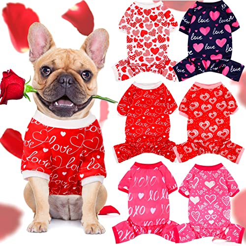 6 Pack Valentines Dog Pajamas Bulk Red Pink Heart Pattern Dog Valentines Holiday Outfit Clothes Jumpsuit Costumes for Boys Girls Puppy Cat Party Cosplay(Large) - size: L