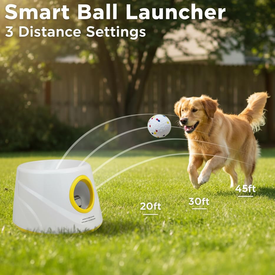 Automatic Ball Launcher for Dogs, Dog Ball Launcher with 6 ETPU 2.3” Balls, Adjustable Distance Thrower for Indoor & Outdoor Fetch Play, Interactive Pet Toy for Small & Medium Dogs