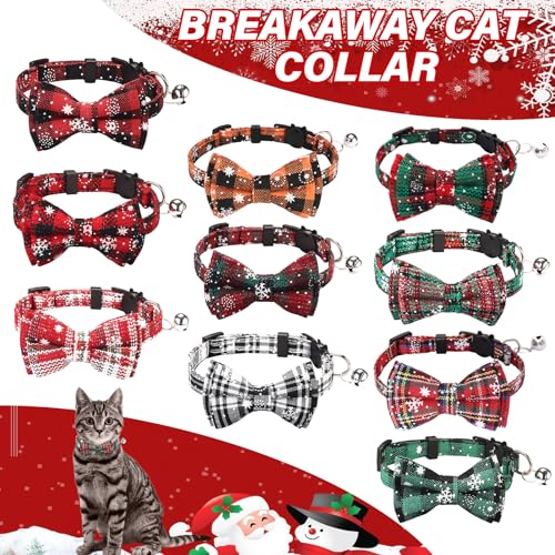 10 Pcs Christmas Cat Collar Breakaway with Bow Tie and Bell Kitten Collars Removable Bowtie Plaid Cat Collar for Cats Kittens Puppy Christmas Supplies - color: colorful