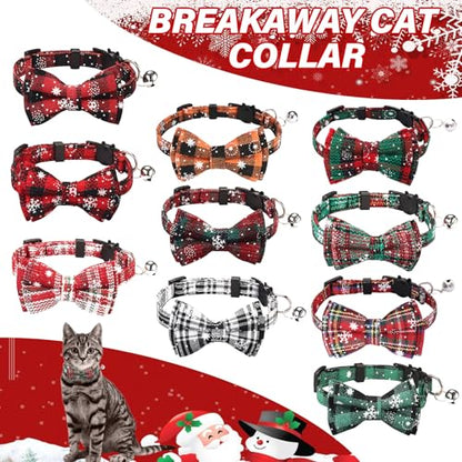 10 Pcs Christmas Cat Collar Breakaway with Bow Tie and Bell Kitten Collars Removable Bowtie Plaid Cat Collar for Cats Kittens Puppy Christmas Supplies - color: colorful