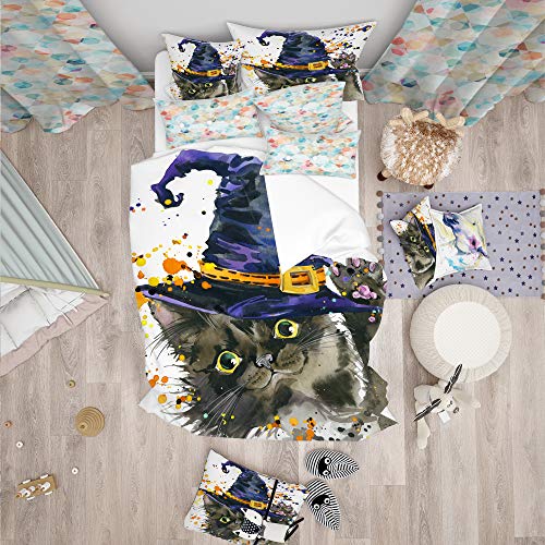 DesignQ Halloween Cat and Witch Hat Traditional Duvet Cover Set, Blue Duvet Cover Set Twin, Animals Bedding Set of 3 Pieces, All Season Traditional Bedding Sets Twin - size: Twin