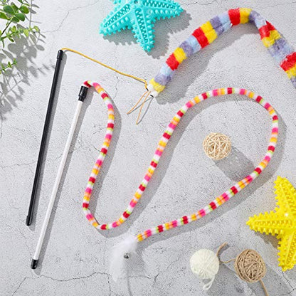 Sumind 6 Pieces Cat Toys Interactive Cat Wand Toys with Feather and Bell Safe Teaser Catcher Stick Toy Colorful and Sounding Christmas Wand for Cats Kittens Training Pets Exerciser