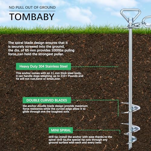 TOMBABY Dog Tie Out Cable and Stake,with 30FT Heavy Duty Cable,360° Swivel Dog Anchor& Anti-Tangle,Dog Runner for Yard,Dog Stake Allows Dogs Up to 210 lbs, Dog Stakes for Outside Beach,Camping, Yard - color: 17''silver+30FT