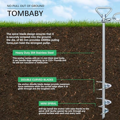 TOMBABY Dog Tie Out Cable and Stake,with 30FT Heavy Duty Cable,360° Swivel Dog Anchor& Anti-Tangle,Dog Runner for Yard,Dog Stake Allows Dogs Up to 210 lbs, Dog Stakes for Outside Beach,Camping, Yard - color: 17''silver+30FT
