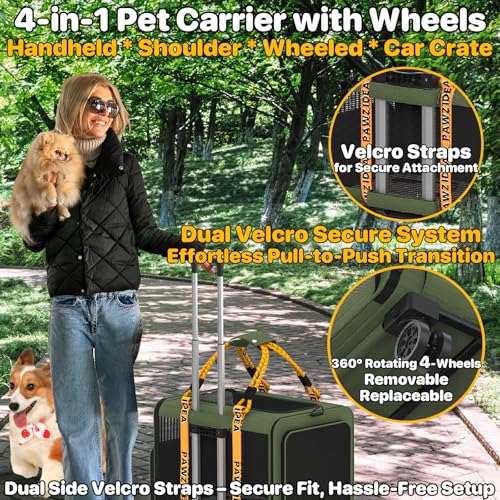 PAWZIDEA Expandable Large Pet Carrier with Wheels, 24x16x16 in Rolling Cat Carrier for 2–4 Cats up 55lb, Soft-Sided Collapsible Small Medium Dog Crate for Car Travel, Telescopic Handle, Storage Pocket - color: Dark Green-Wheels-XL