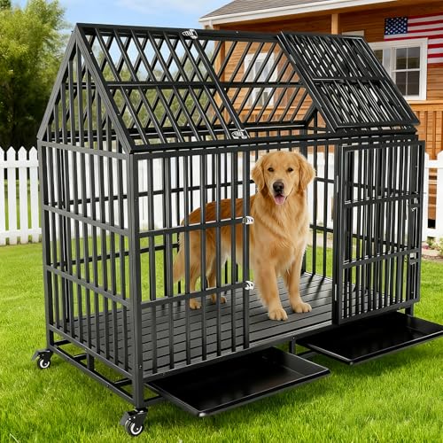 54 inch Heavy Duty Indestructible Dog Crate with 2 Bowls, Escape Proof Double Door Dog Kennel for Large Giant Dogs with Wheels and Trays, High Anxiety Extra Large Dog Cage Indoor Outdoor, XL XXL - size: 53.9"L x 29.7"W x 46.1"H