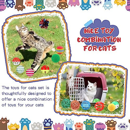 Lenwen 100 Pcs Cat Toys Set Bulk Cat Fur Mice Toys Variety Plastic Ball with Bell Furry Pompom Rattle Mouse Assorted Interactive Catnip Toy Pillow Chew Nice Gift for Indoor Kitten Cats Catch Play