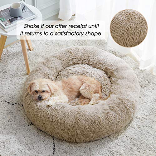 Calming Dog Bed & Cat Bed, Anti-Anxiety Donut Dog Cuddler Bed, Warming Cozy Soft Dog Round Bed, Fluffy Faux Fur Plush Dog Cat Cushion Bed for Small Medium Dogs and Cats (20"/24"/27"/30") - color: Brown, size: 27.0"L x 27.0"W x 8.0"Th