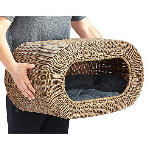 Fun Stackable Wicker Cat Hideaway House - Interactive Play Rattan Cat House for Indoor Cats Kitty, Pet Friendly Top/Side House Entry, Cat Bed Enclosed
